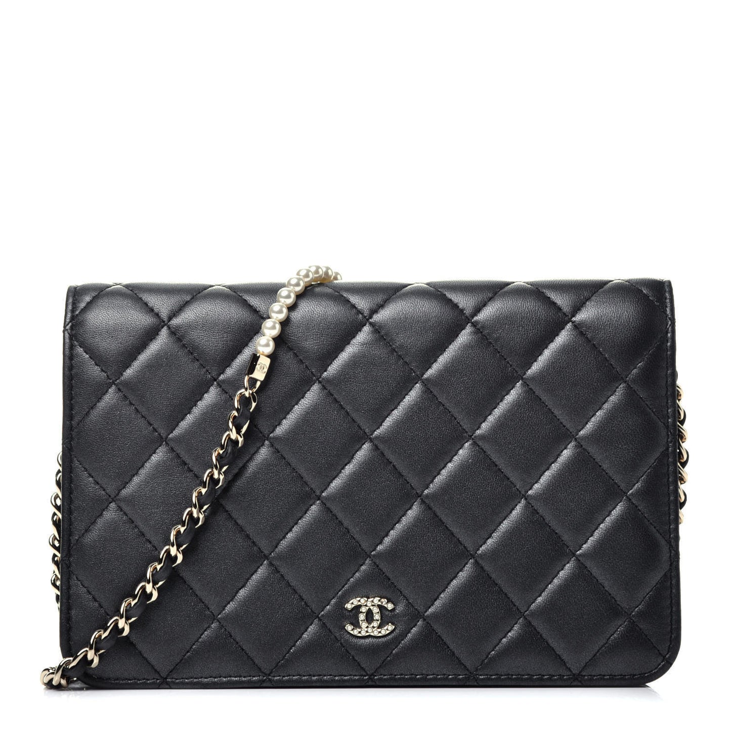 Iridescent Lambskin Quilted Pearl Wallet On Chain WOC Black