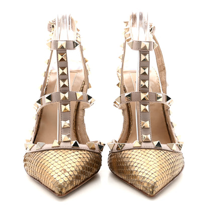 Valentino Garavani Metallic Elaphe Rockstud Ankle Strap 100mm Pumps 35 Gold Poudre 3 of 9