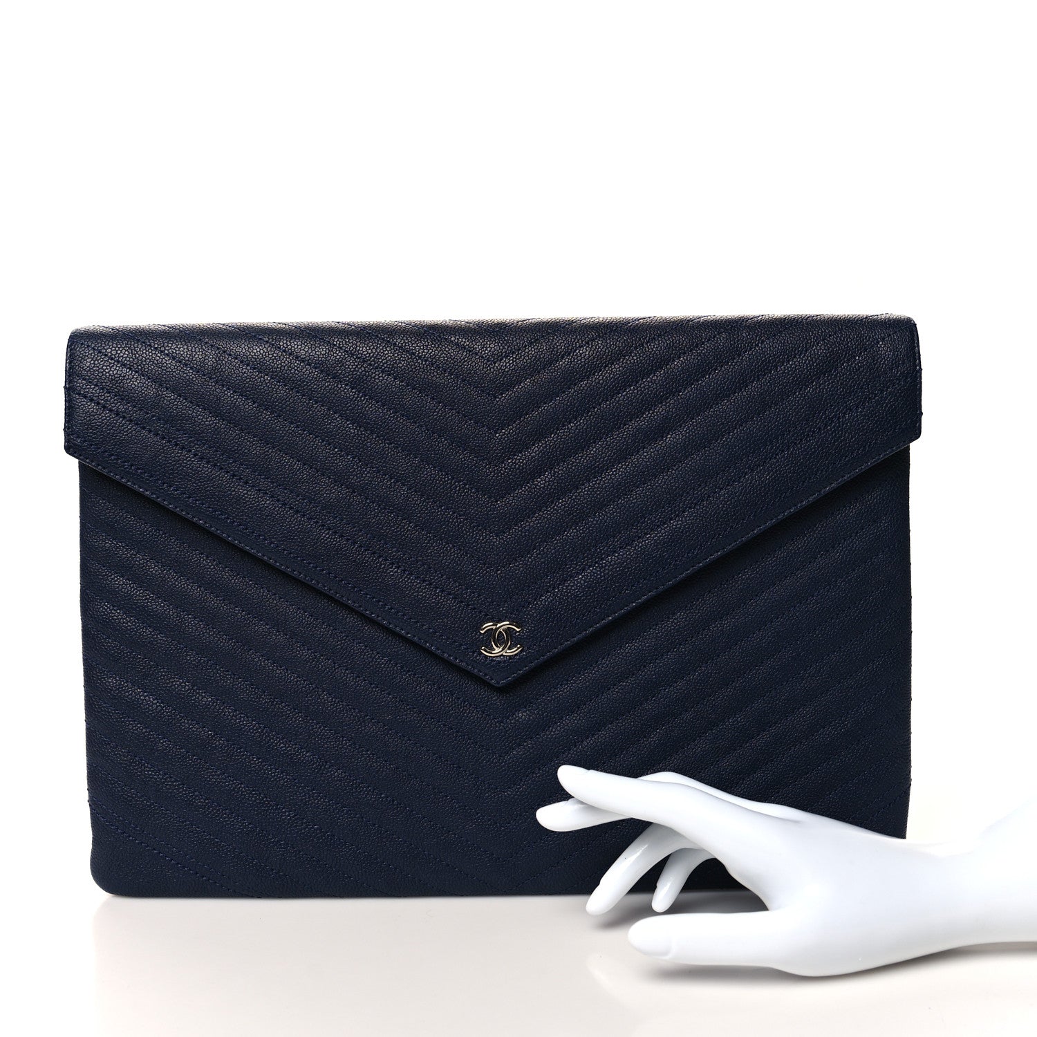 Chanel Caviar Chevron Quilted Large Statement Pouch Navy 2 of 10