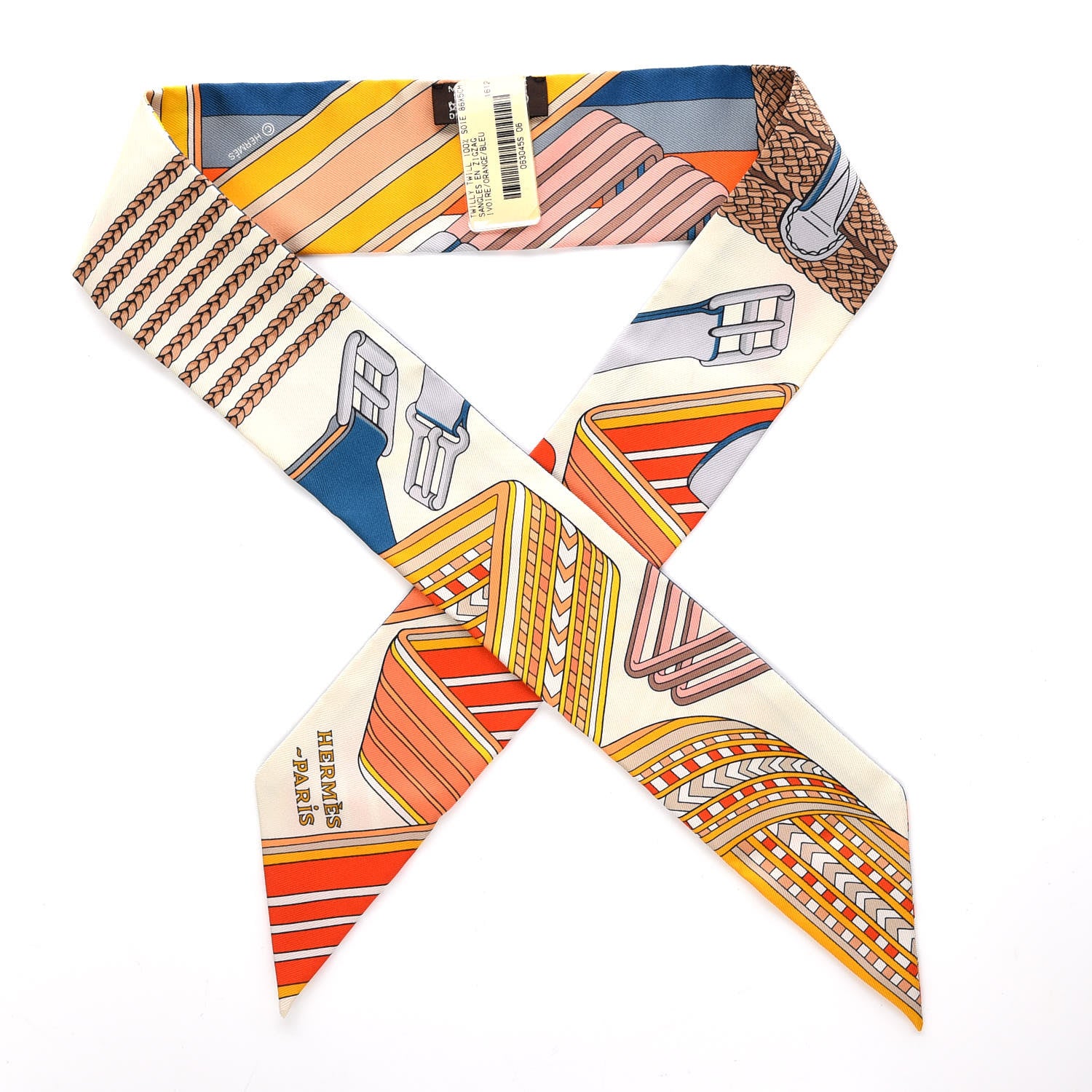Hermes Silk Sangles En Zigzag Twilly Ivory Orange Bleu 1 of 4
