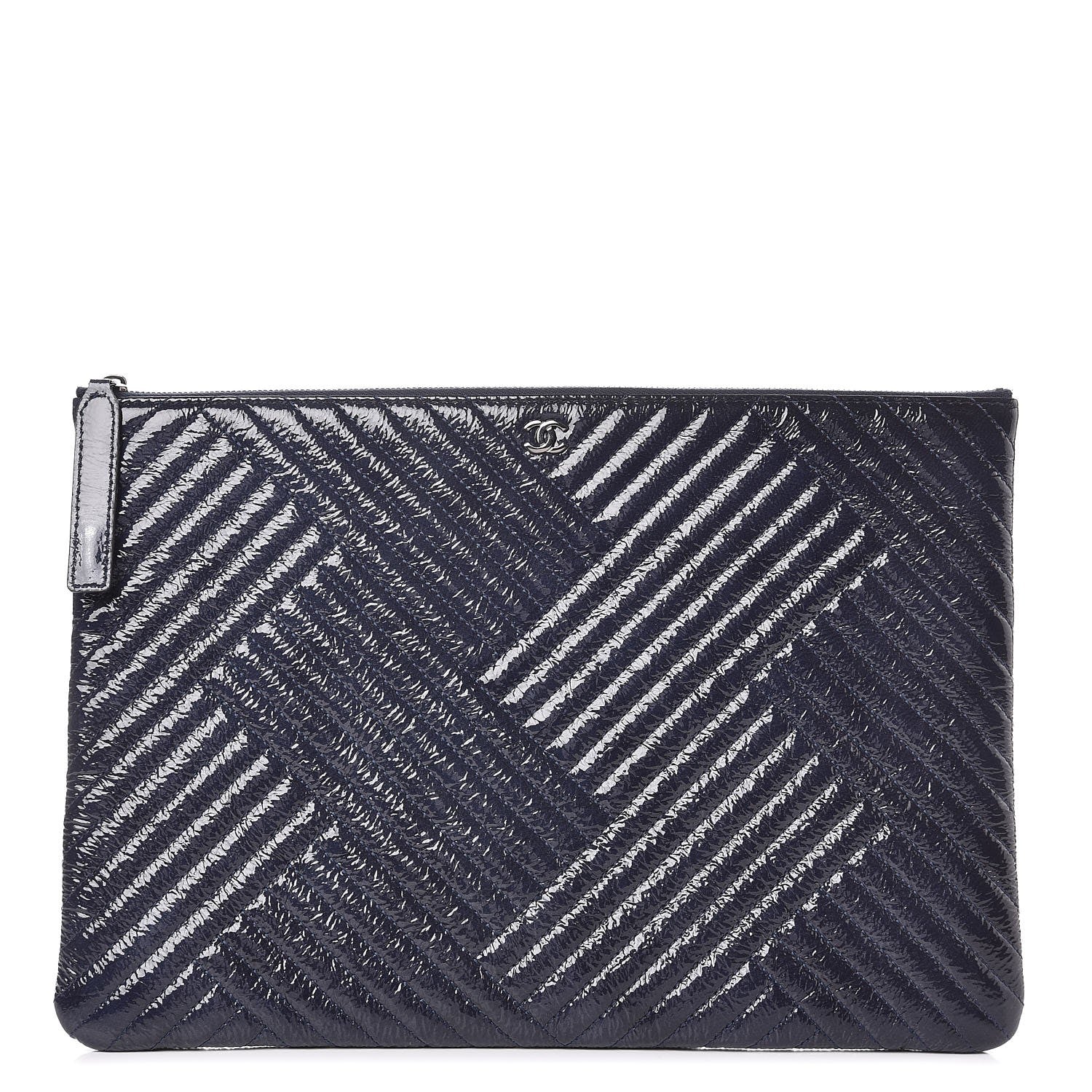 Chanel Distressed Patent Chevron Quilted Medium CC Crossing Cosmetic Case Navy 1 of 7