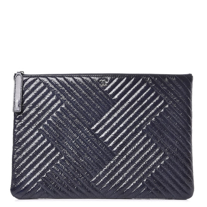 Chanel Distressed Patent Chevron Quilted Medium CC Crossing Cosmetic Case Navy 1 of 7