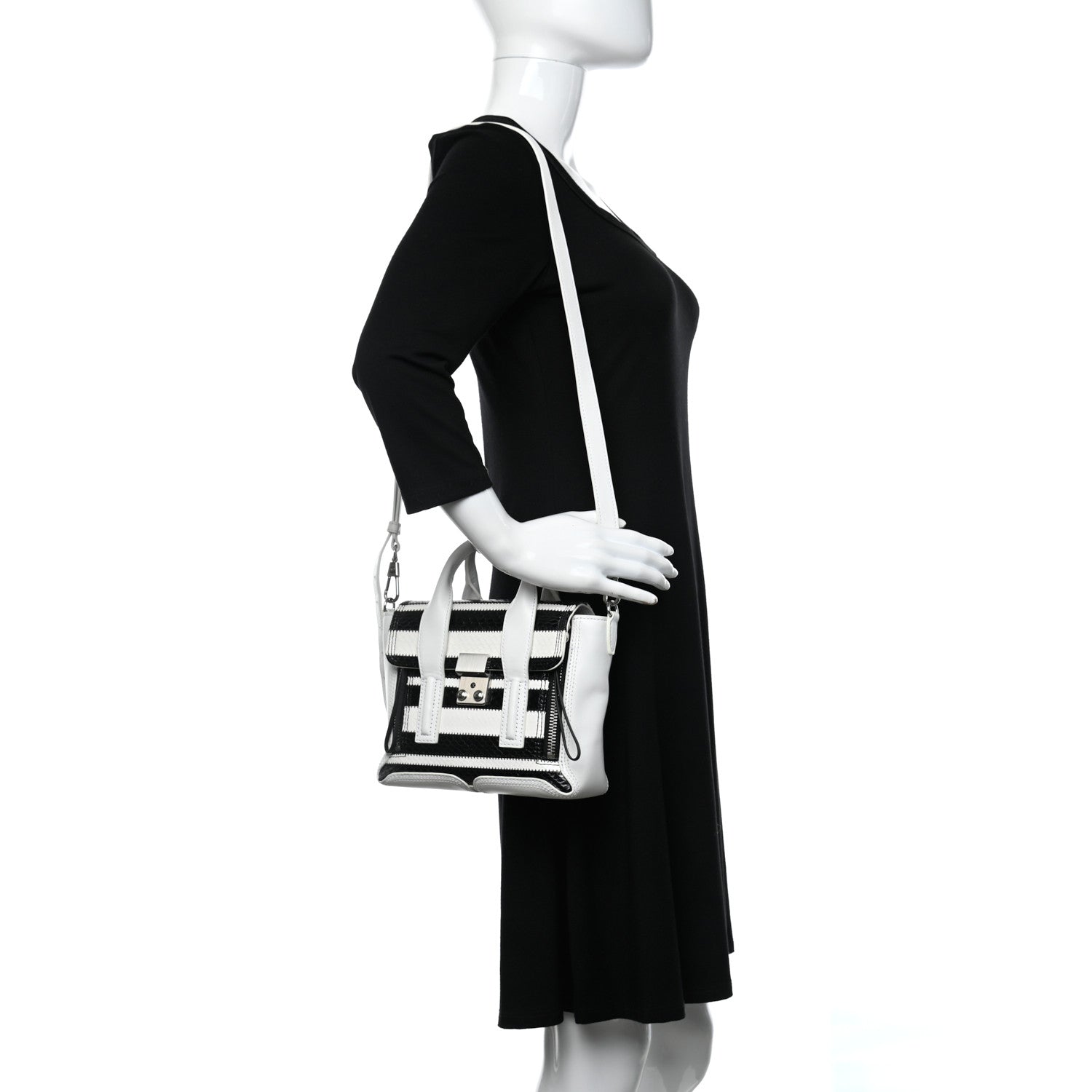 3.1 Phillip Lim Snakeskin Calfskin Mini Pashli Satchel Black White 2 of 13