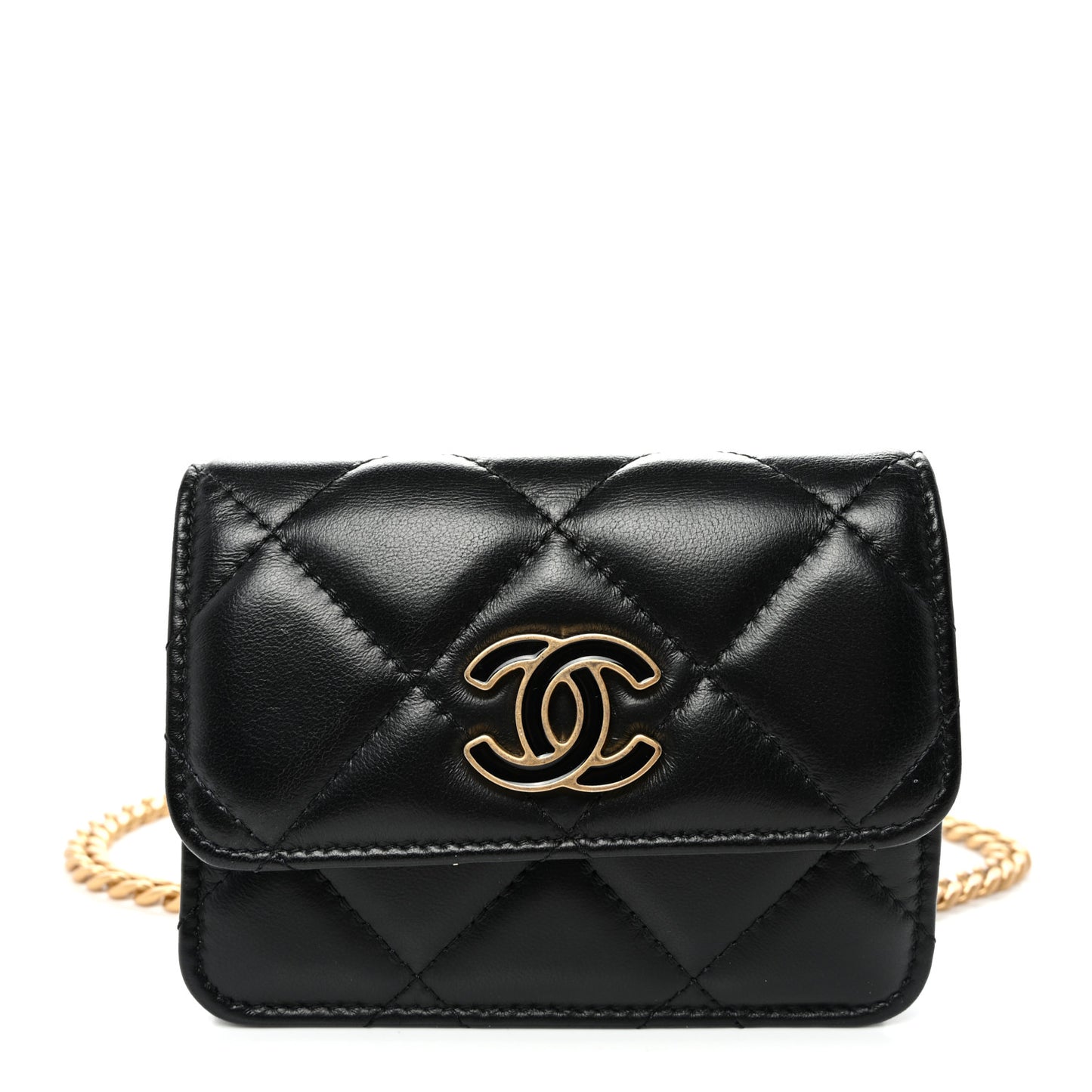 Lambskin Enamel Quilted Pending CC Flap Belt Bag Black