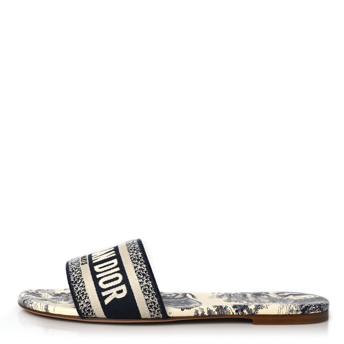 Canvas Toile de Jouy Embroidered Dway Flat Slide Sandals 38 Blue