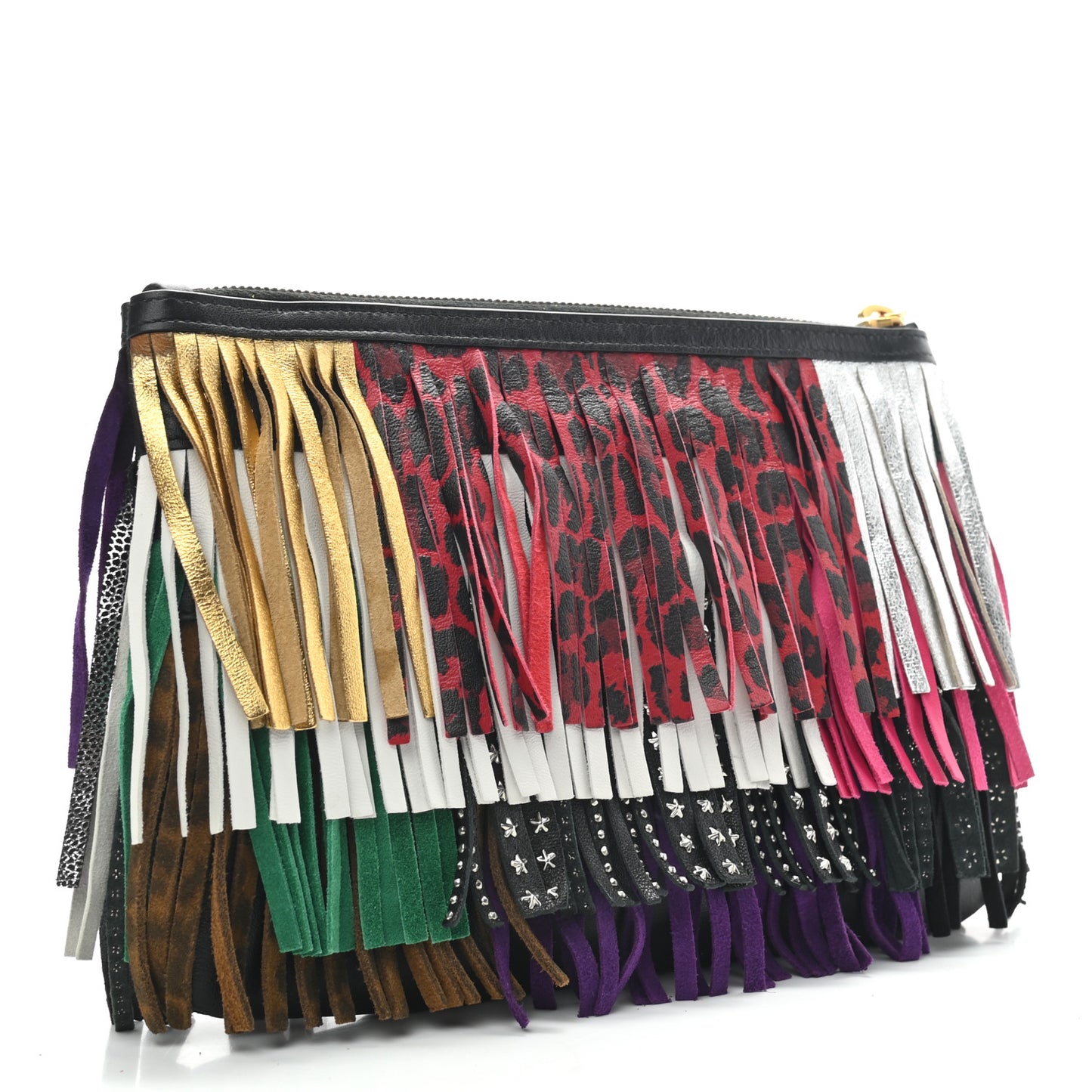 Calfskin Studded Printed Fringe Medium Clutch Black Multi