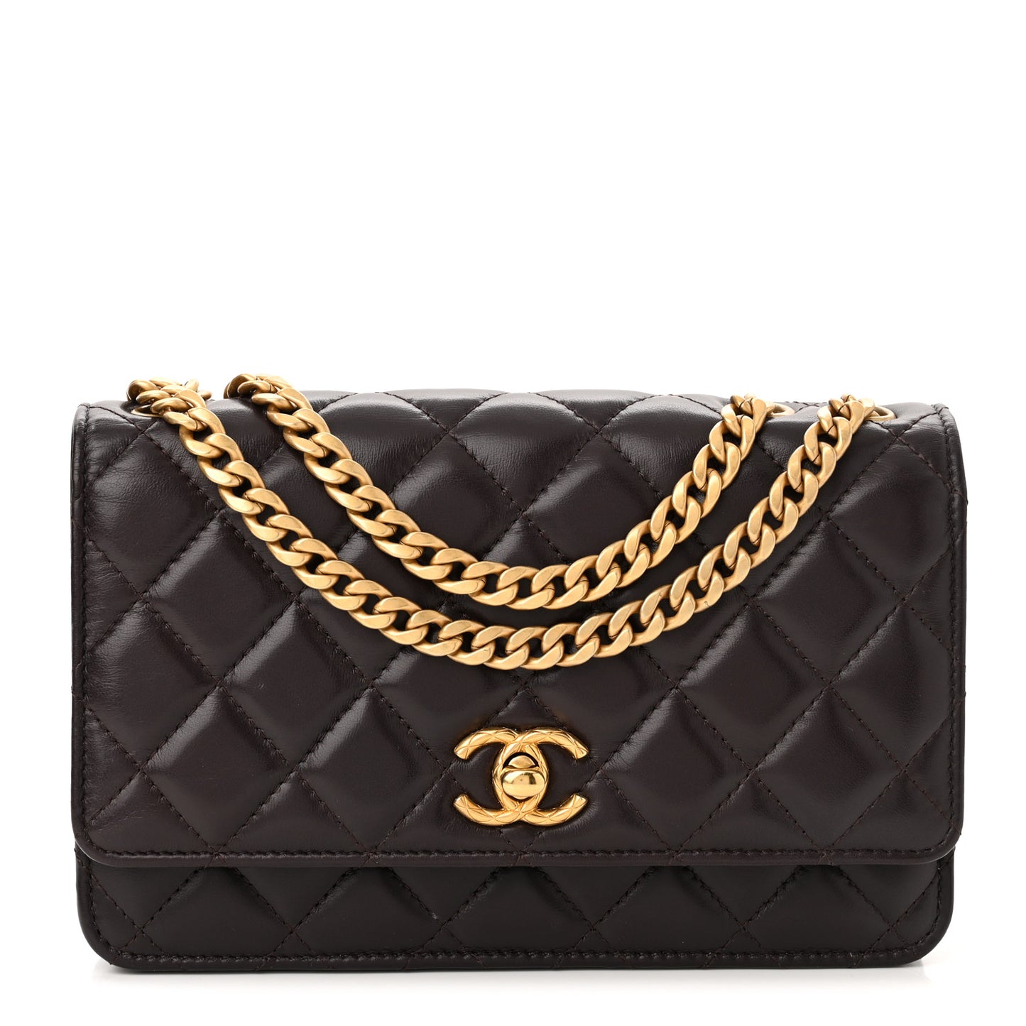 Lambskin Quilted Pillow Crush Wallet On Chain WOC Dark Brown
