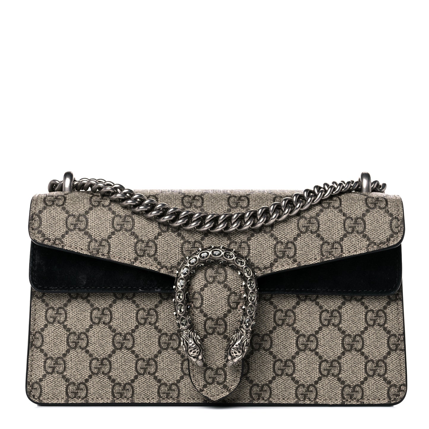 GG Supreme Monogram Suede Crystal Small Dionysus Shoulder Bag Beige Ebony Black