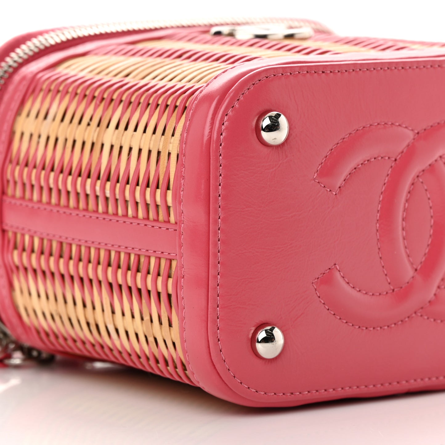 Calfskin Raffia Small Take Away Vanity Case Bag Pink Beige