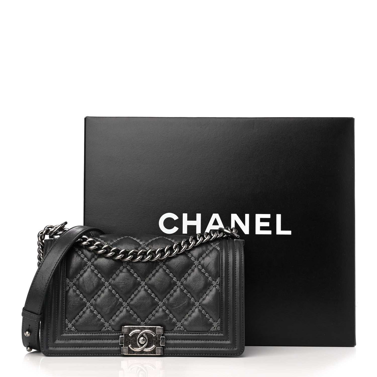 Chanel Iridescent Calfskin Embellished Double Stitch Medium Boy Flap Charcoal 16 of 16