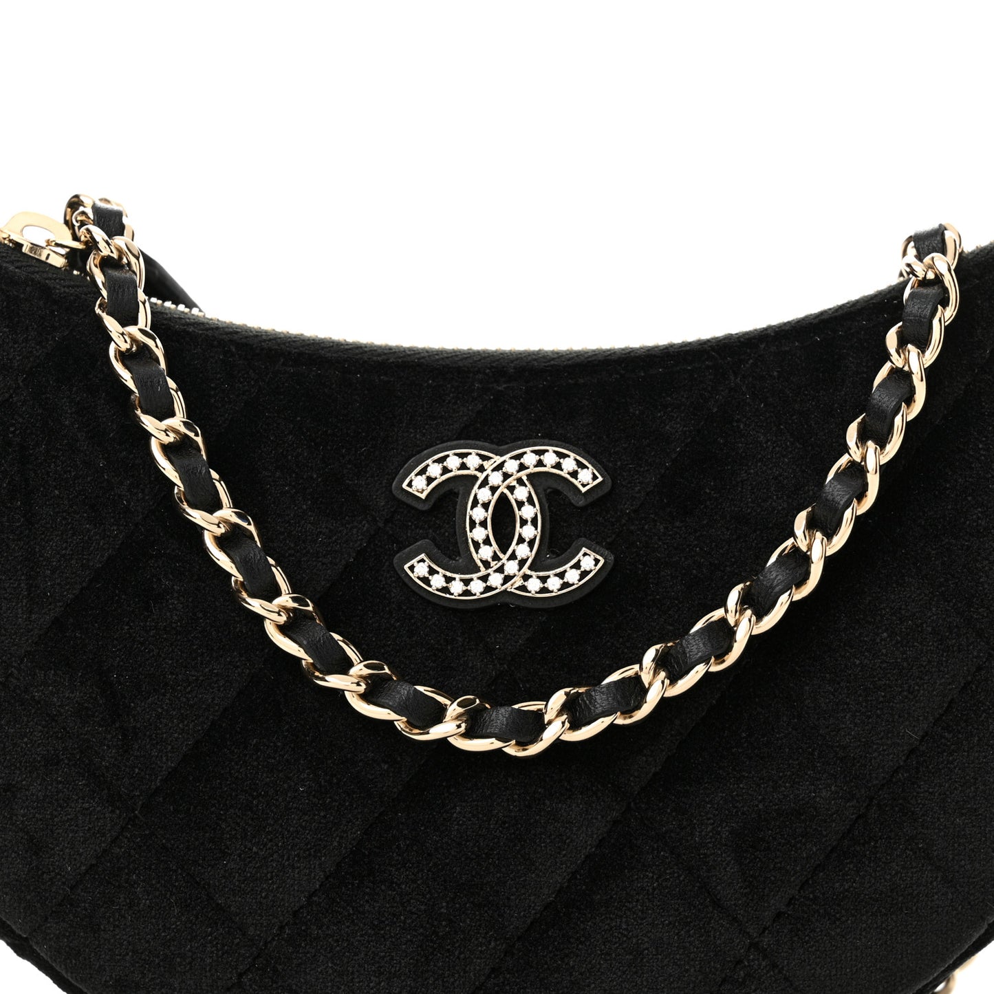 Velvet Crystal Quilted Chain Hobo Black