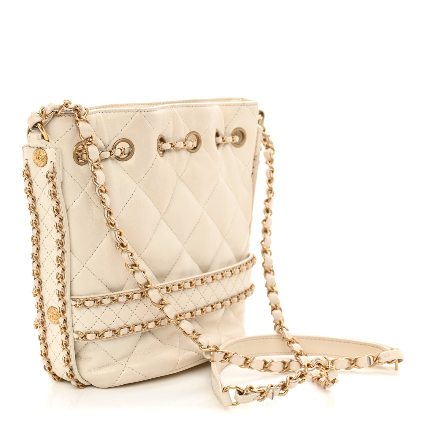Chanel Aged Calfskin Quilted Chain Bucket Drawstring Bag White 3 of 11