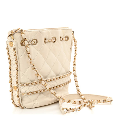 Chanel Aged Calfskin Quilted Chain Bucket Drawstring Bag White 3 of 11