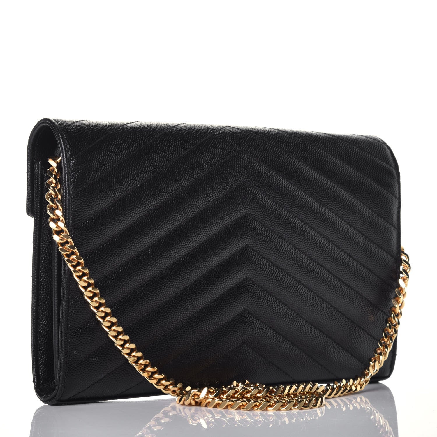 Saint Laurent Grain De Poudre Matelasse Chevron Monogram Chain Wallet Black 3 of 8
