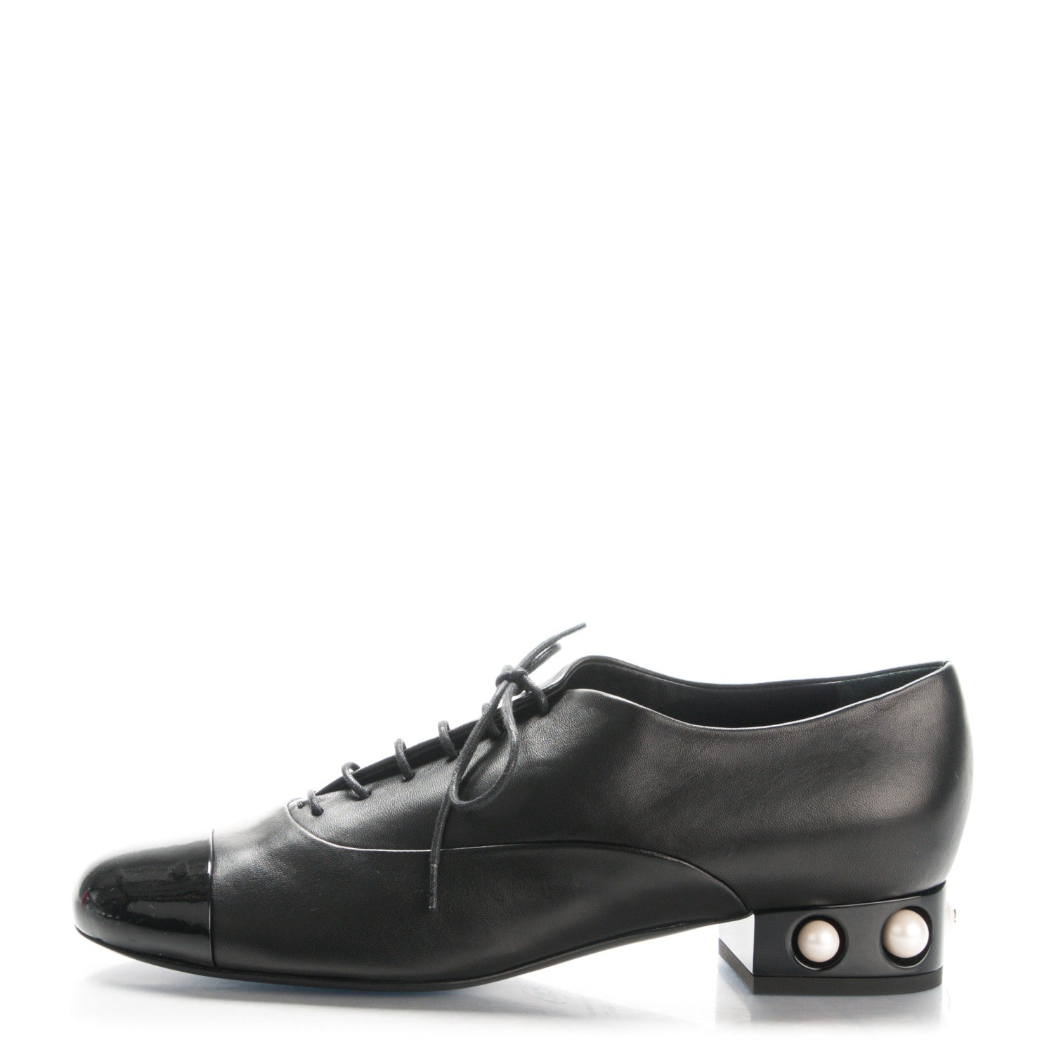 Chanel Lambskin Patent Pearl CC Lace Up Oxfords 39.5 Black 1 of 7