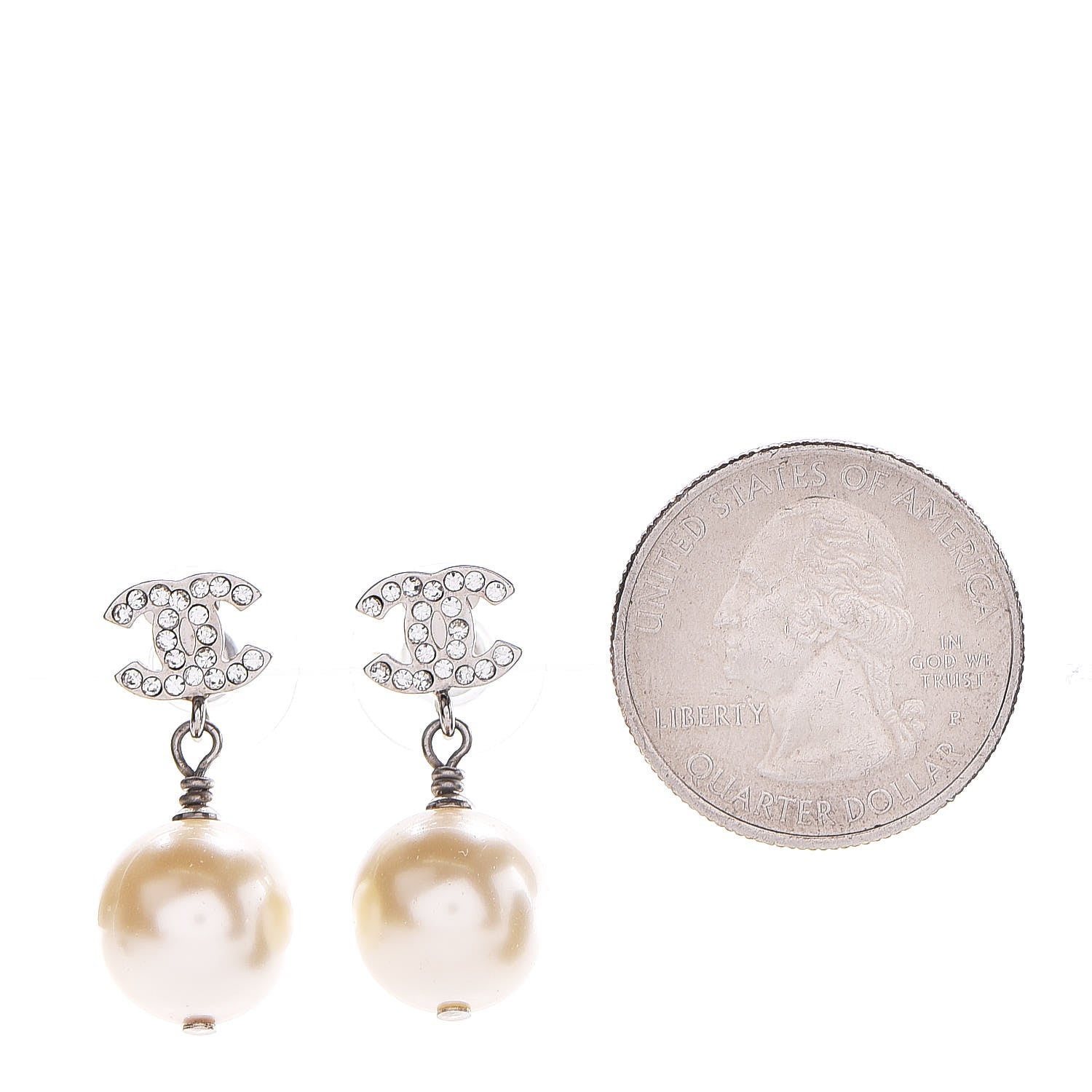 Chanel Crystal Pearl CC Drop Earrings Silver Pearly White 2 of 5