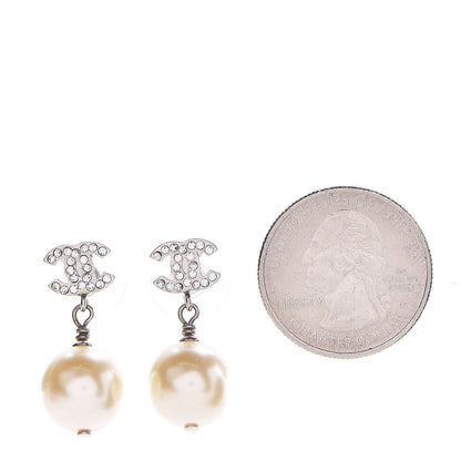 Chanel Crystal Pearl CC Drop Earrings Silver Pearly White 2 of 5
