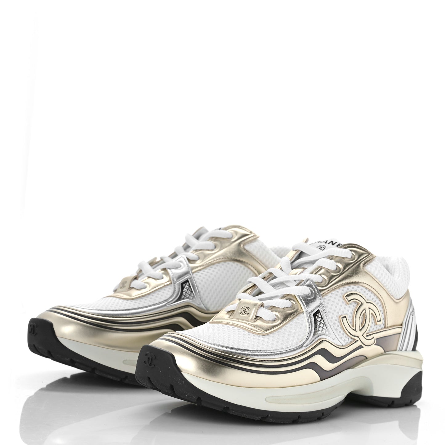 Fabric Laminated Calfskin CC Sneakers 37 White Gold Silver