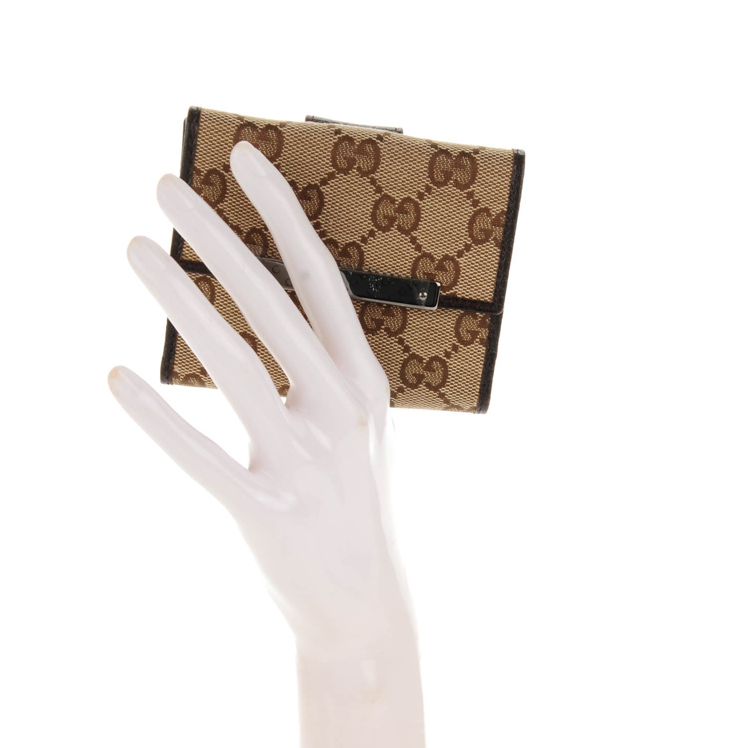 Gucci Monogram Textured Calfskin Metal Bar French Flap Wallet Beige Ebony Cocoa 2 of 9