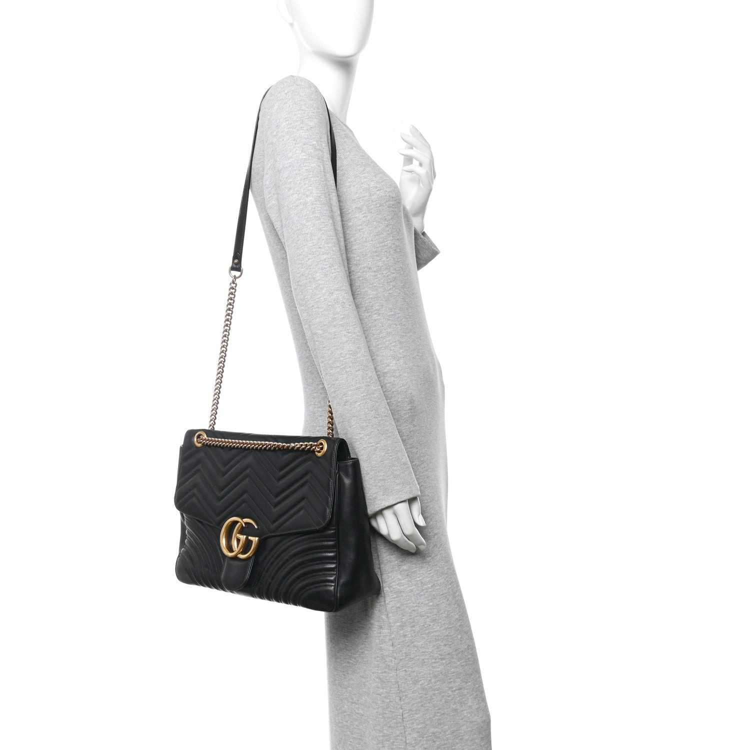 Gucci Calfskin Matelasse Large GG Marmont Shoulder Bag Black 2 of 12
