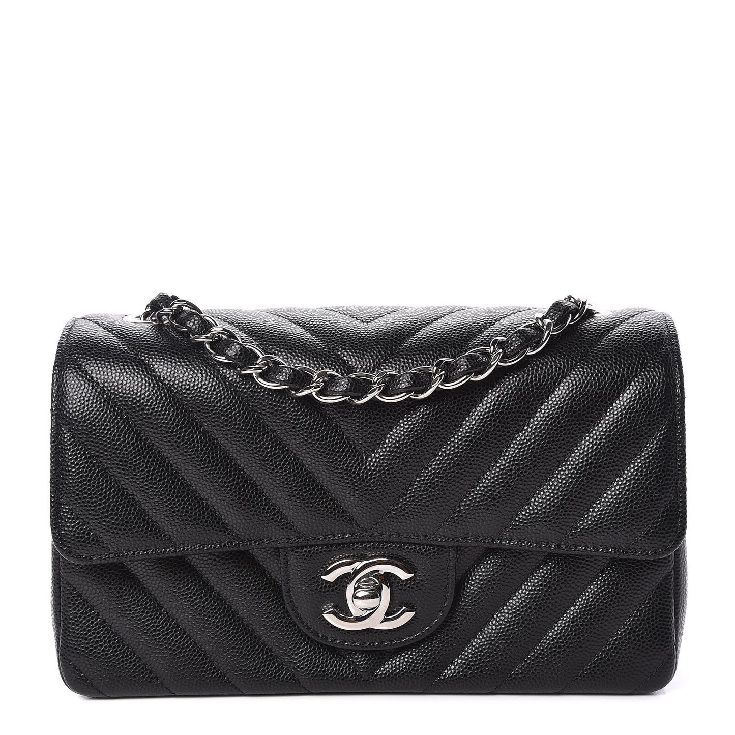 Caviar Chevron Quilted Mini Rectangular Flap Black