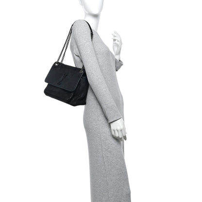 Saint Laurent Nubuck Crocodile Embossed Monogram Medium Niki Chain Satchel Black 2 of 10