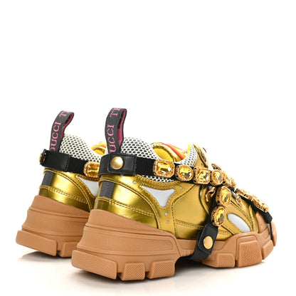 Gucci X SEGA Metallic Calfskin Mesh Removable Crystals Womens Flashtrek Sneakers 36.5 Oro Vecchio Mystic White Silver 4 of 6