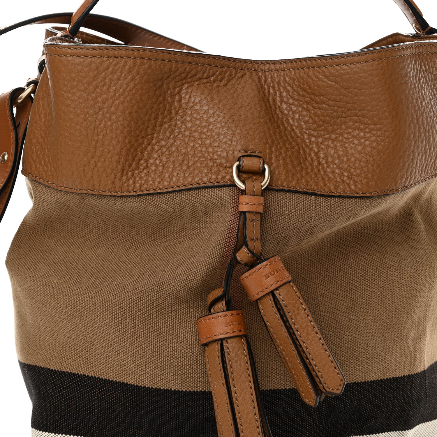 Burberry Grainy Calfskin Canvas Mega Check Medium Ashby Tassel Hobo Saddle Brown 9 of 13