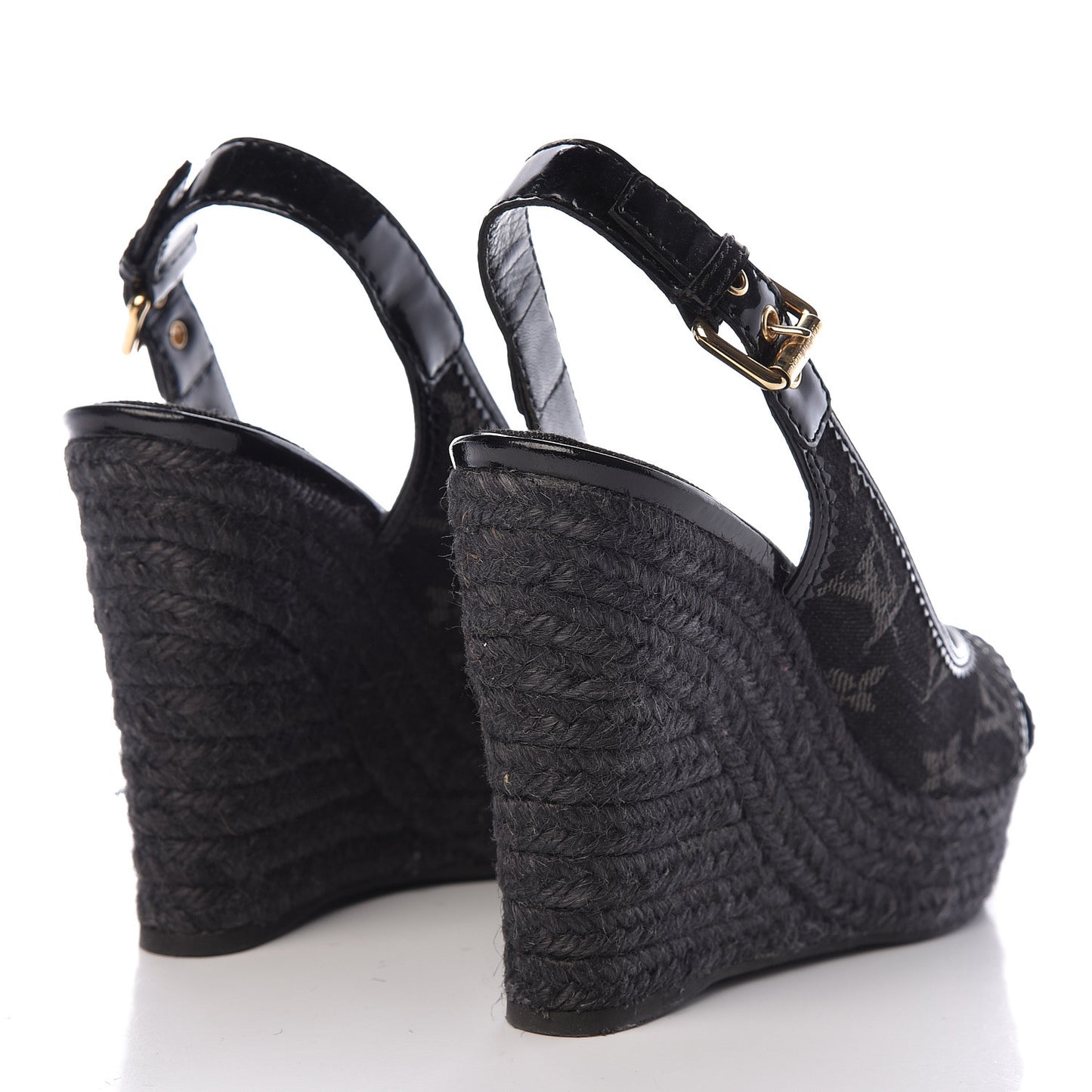 Denim Patent Espadrille Wedges 38 Black