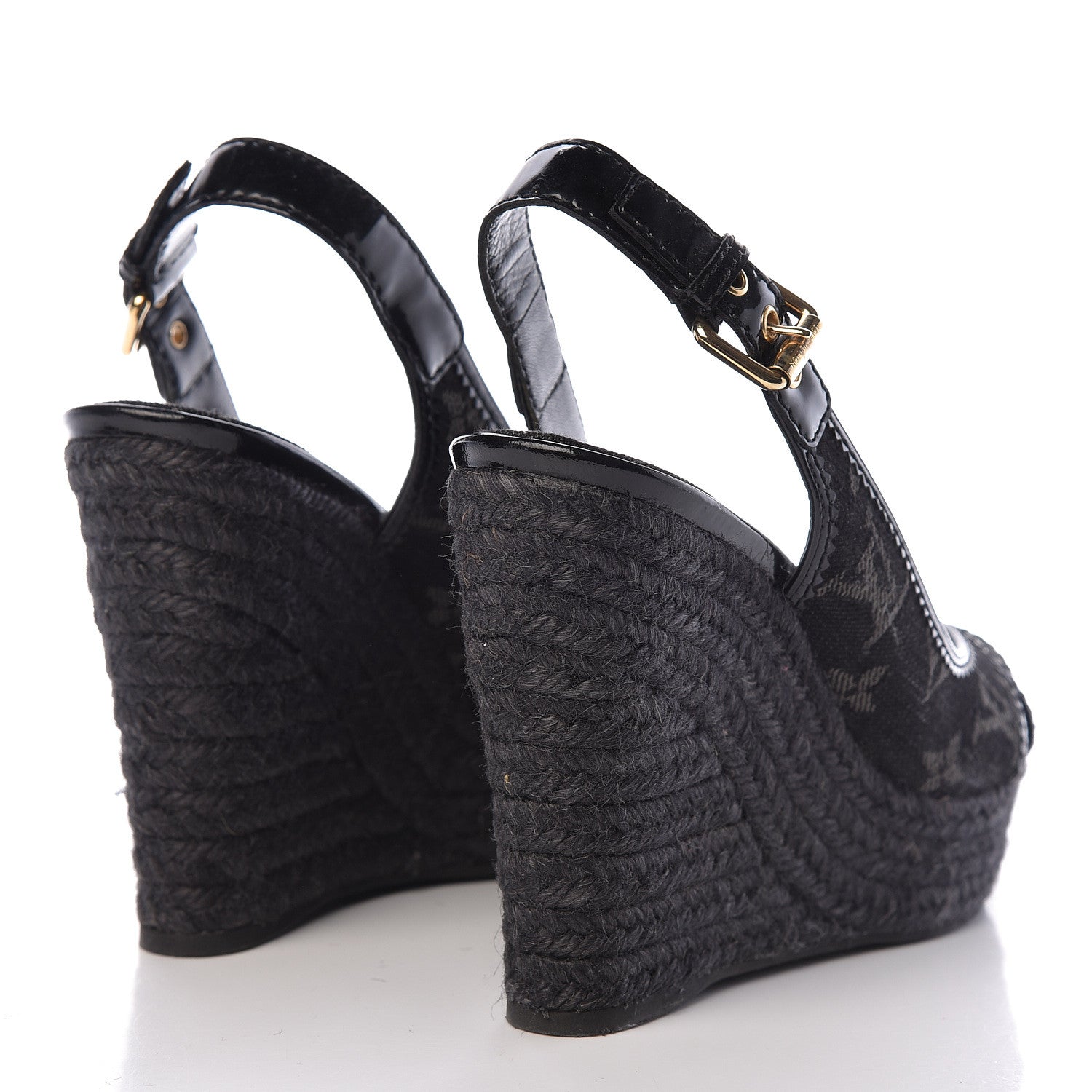 Louis Vuitton Denim Patent Espadrille Wedges 38 Black 4 of 8