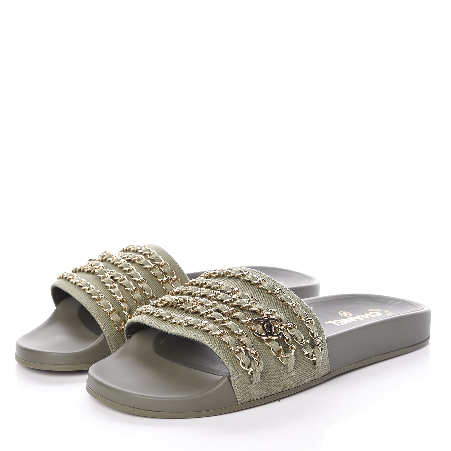 Chanel Canvas Chain Flat Sandals 42 Khaki 3 of 9