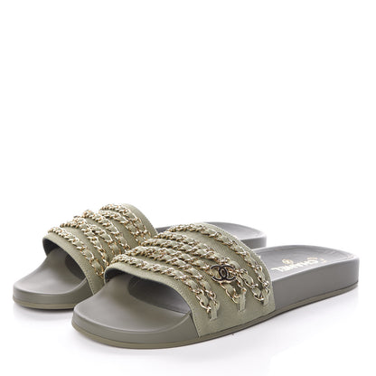 Chanel Canvas Chain Flat Sandals 42 Khaki 3 of 9