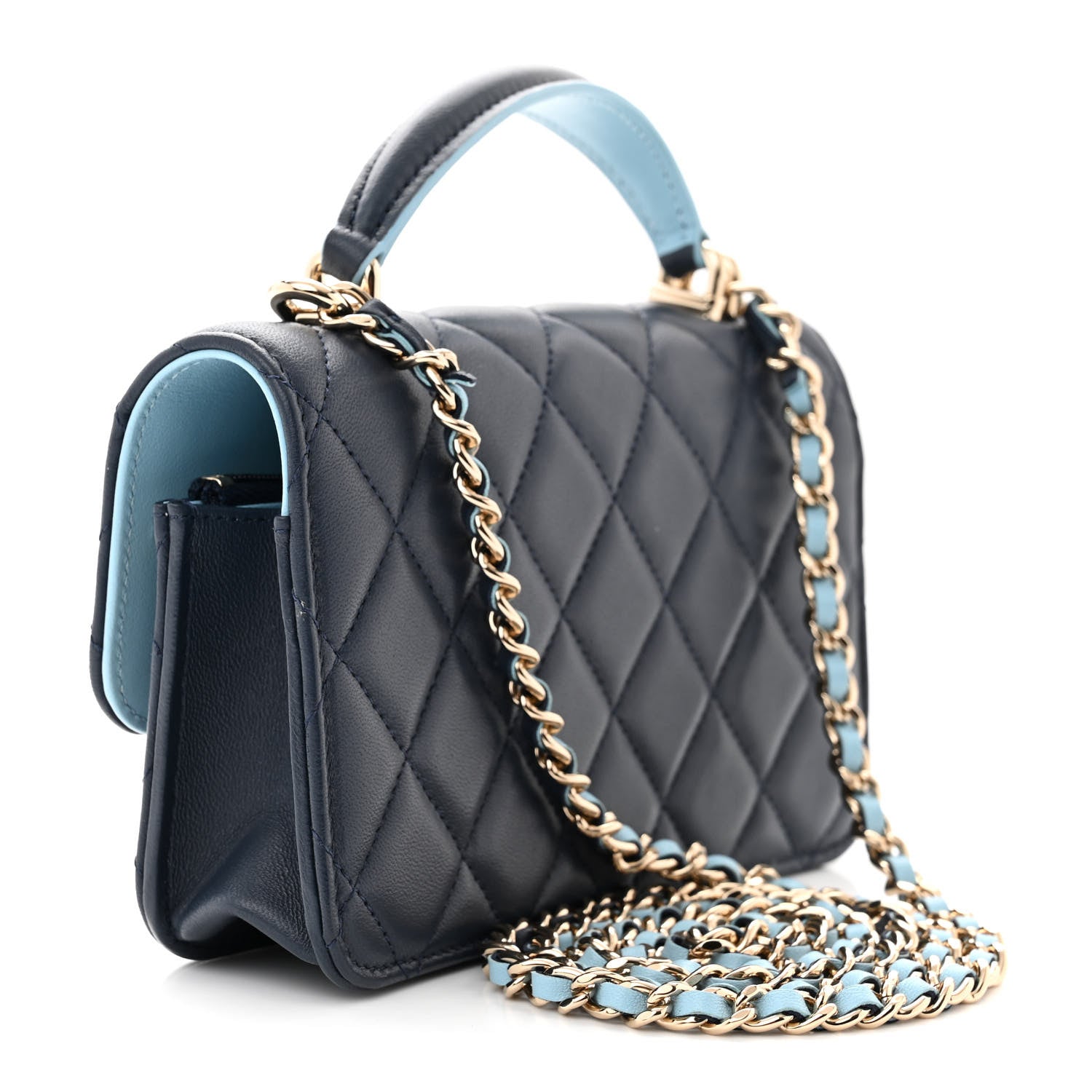 Chanel Lambskin Quilted Flap Phone Holder With Chain Dark Blue Light Blue 3 of 12