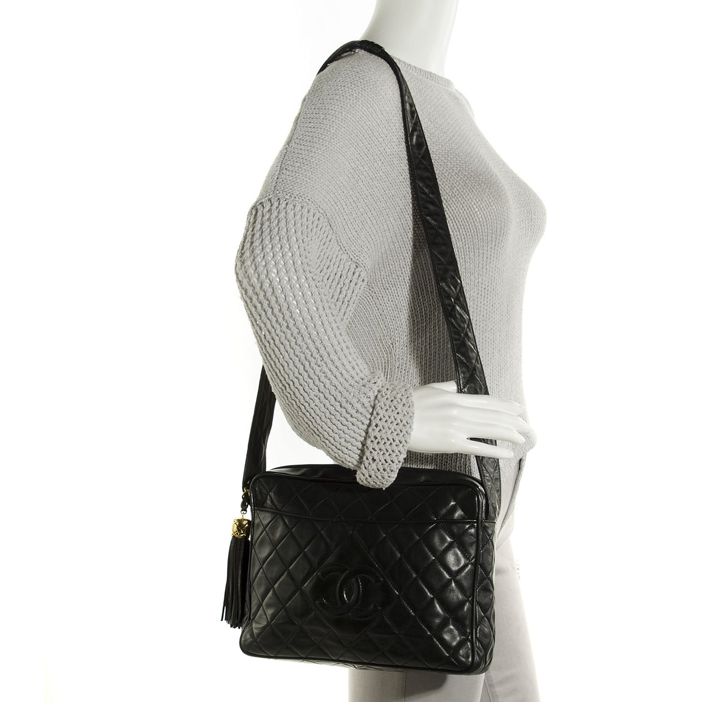 Lambskin Quilted CC Tassel Camera Case Black