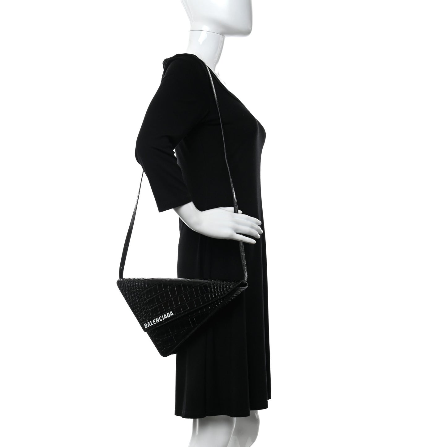 Calfskin Logo Crocodile Embossed Triangle Clutch Black White