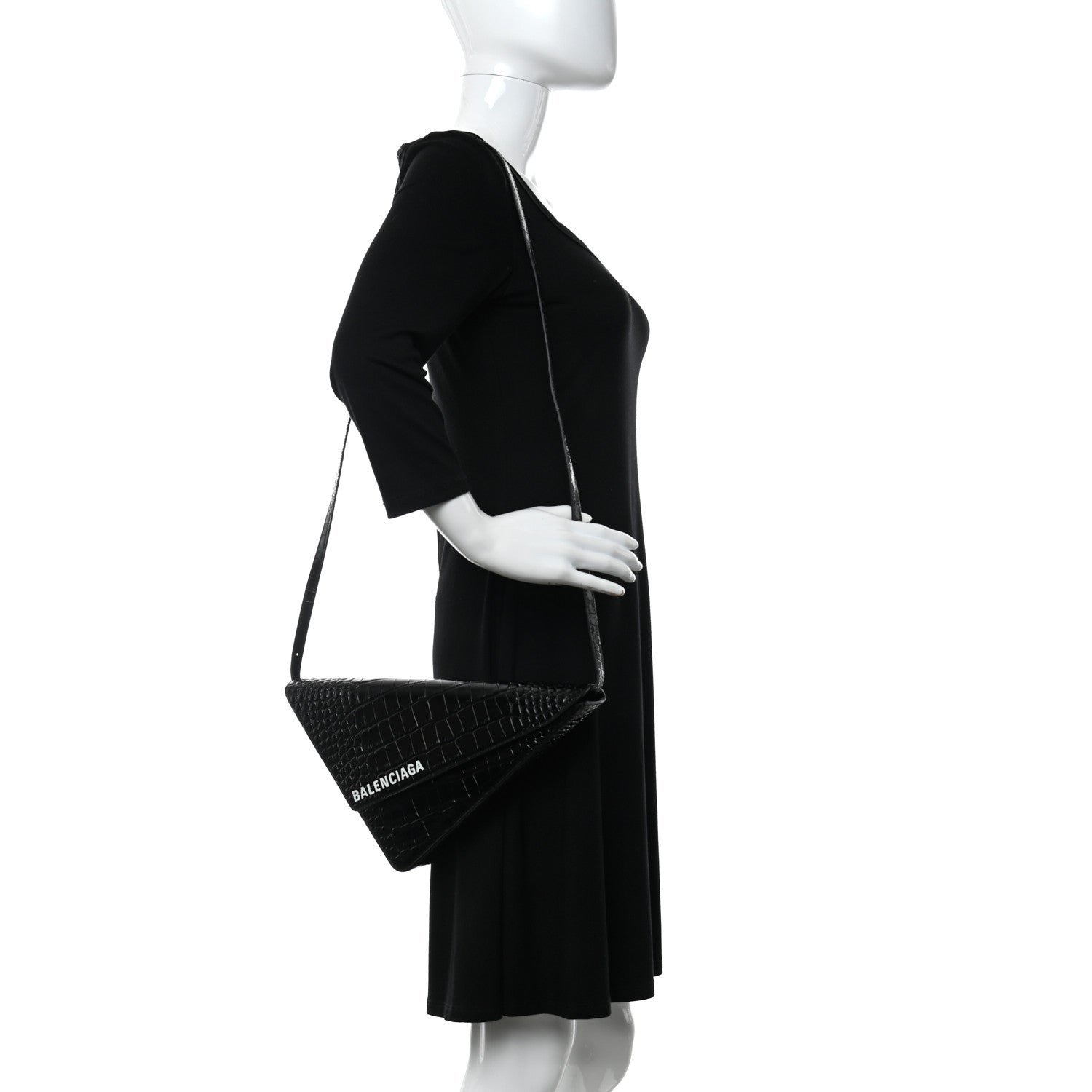 Balenciaga Calfskin Logo Crocodile Embossed Triangle Clutch Black White 2 of 9
