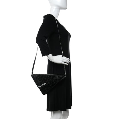 Balenciaga Calfskin Logo Crocodile Embossed Triangle Clutch Black White 2 of 9