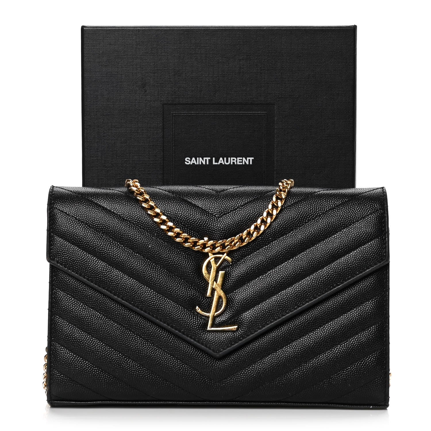 Saint Laurent Grain De Poudre Matelasse Chevron Monogram Chain Wallet Black 10 of 11