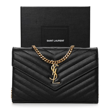 Saint Laurent Grain De Poudre Matelasse Chevron Monogram Chain Wallet Black 10 of 11
