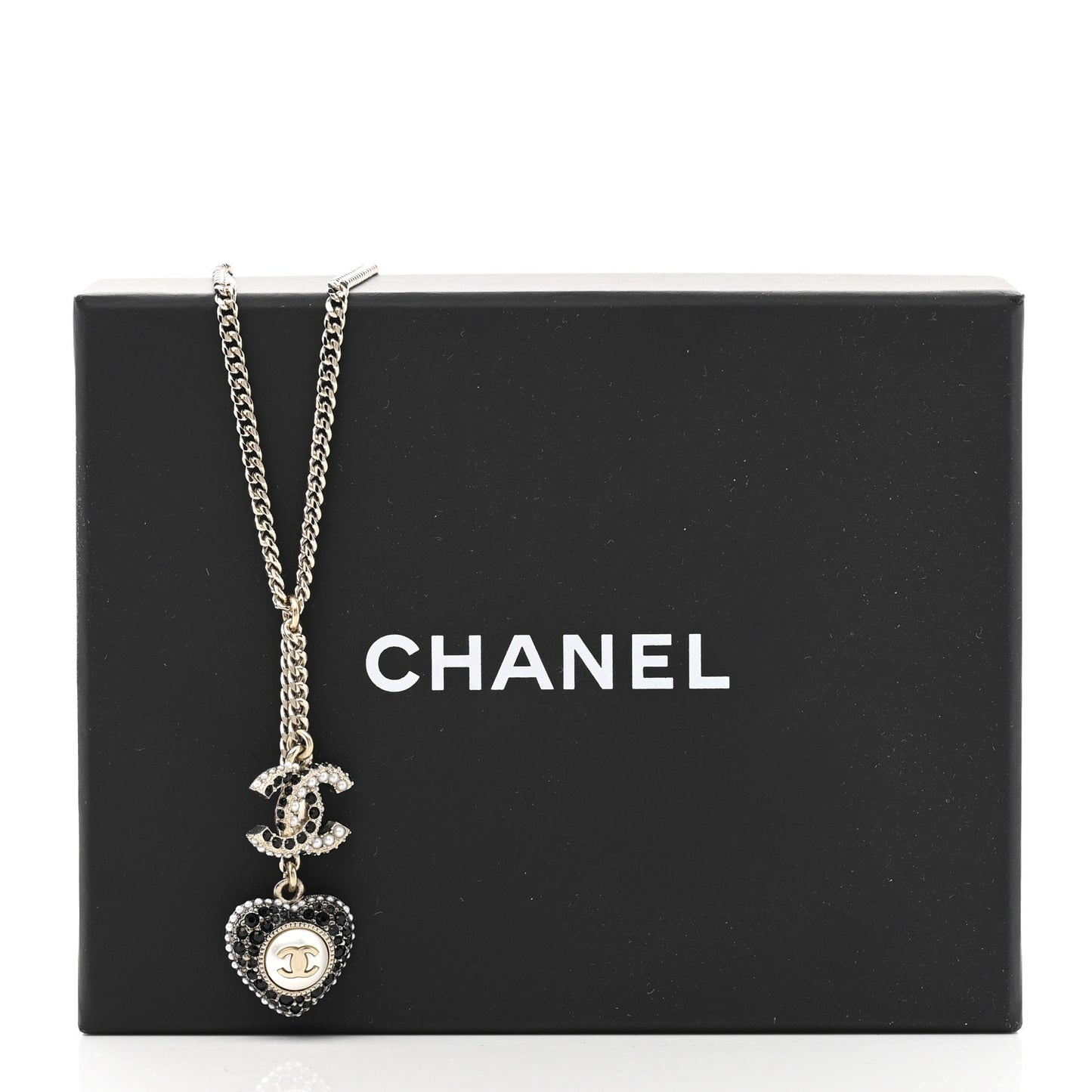 Pearl Crystal CC Heart Necklace Gold Pearly White Black