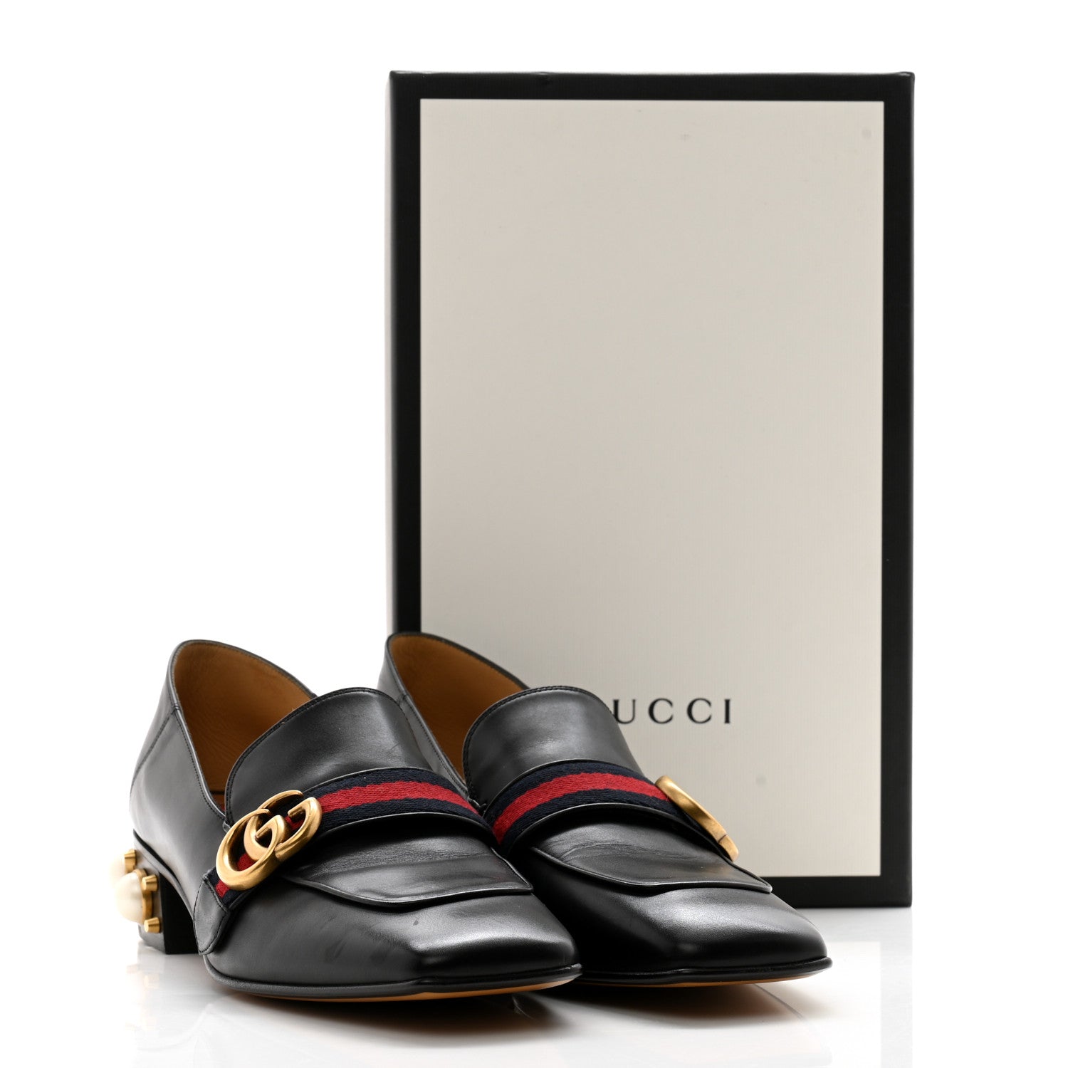 Gucci Betis Glamour Calfskin Web Pearl Embellished Peyton 35mm Loafer Pumps 36 Black 15 of 15