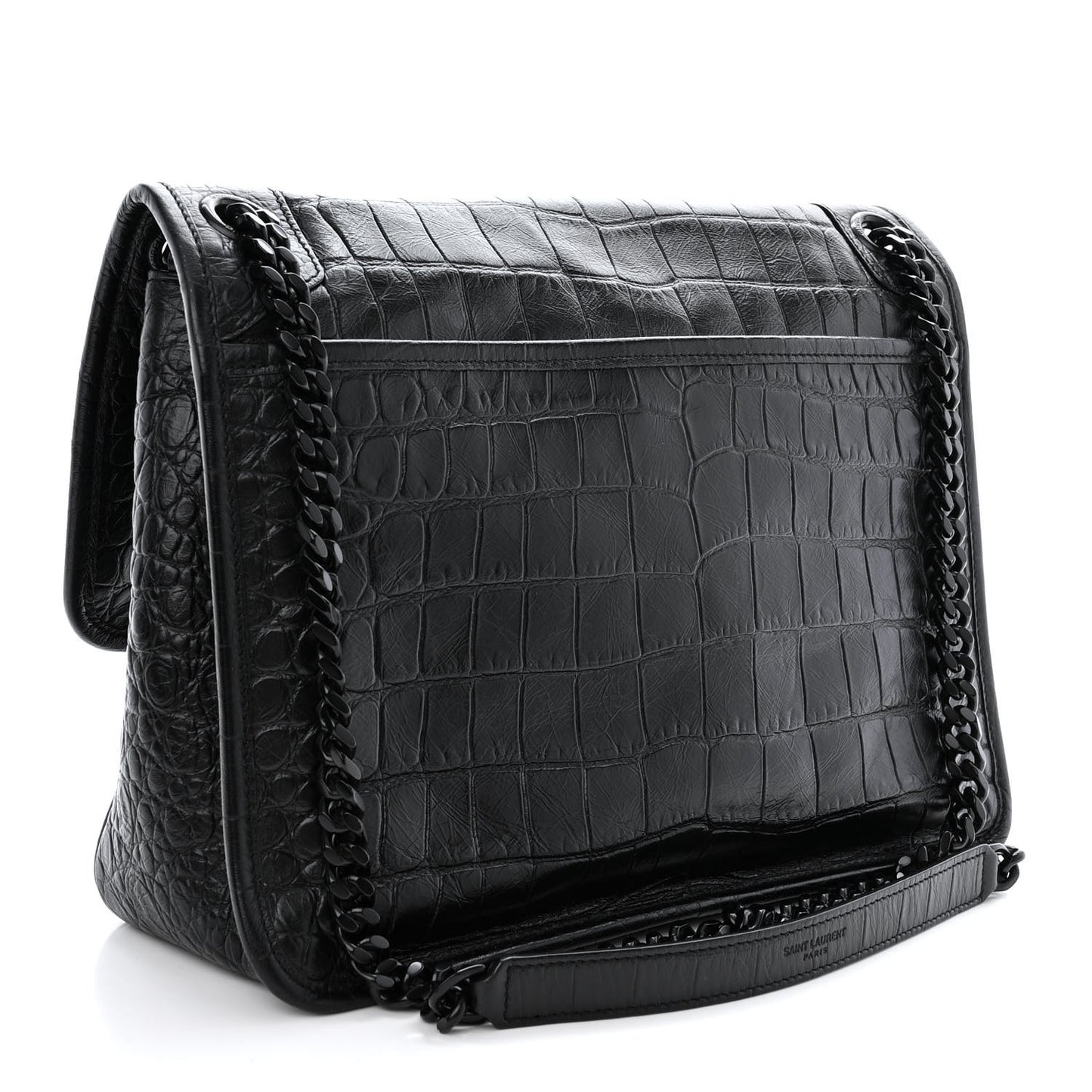 Crinkled Calfskin Crocodile Embossed Monogram Medium Niki Chain Satchel Black
