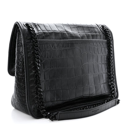 Saint Laurent Crinkled Calfskin Crocodile Embossed Monogram Medium Niki Chain Satchel Black 3 of 10