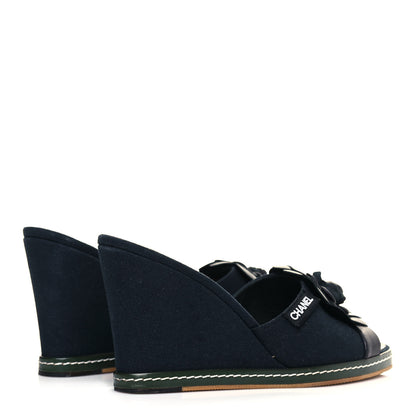 Chanel Canvas Camellia Wedge Sandals 38.5 Navy 4 of 10