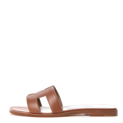 Hermes Box Calfskin Oran Sandals 37 Gold 1 of 8