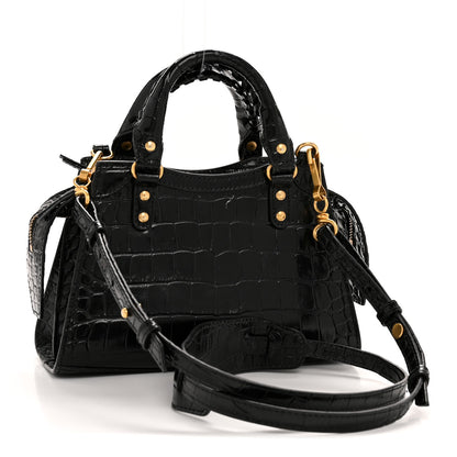 Balenciaga Shiny Supple Calfskin Crocodile Embossed Neo Classic Gold Hardware Mini City Black 3 of 15