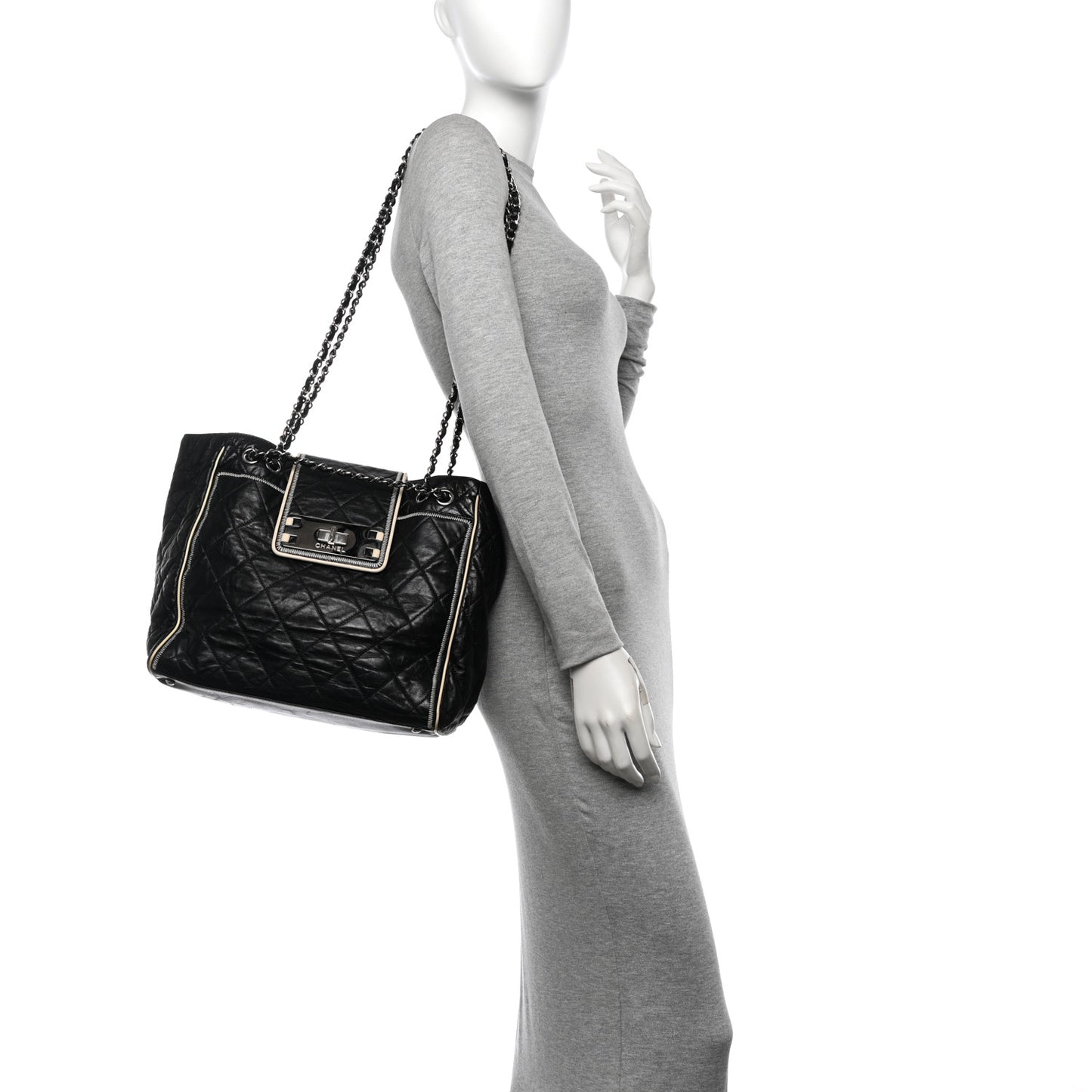 Glazed Lambskin Quilted Large North South Tote Black