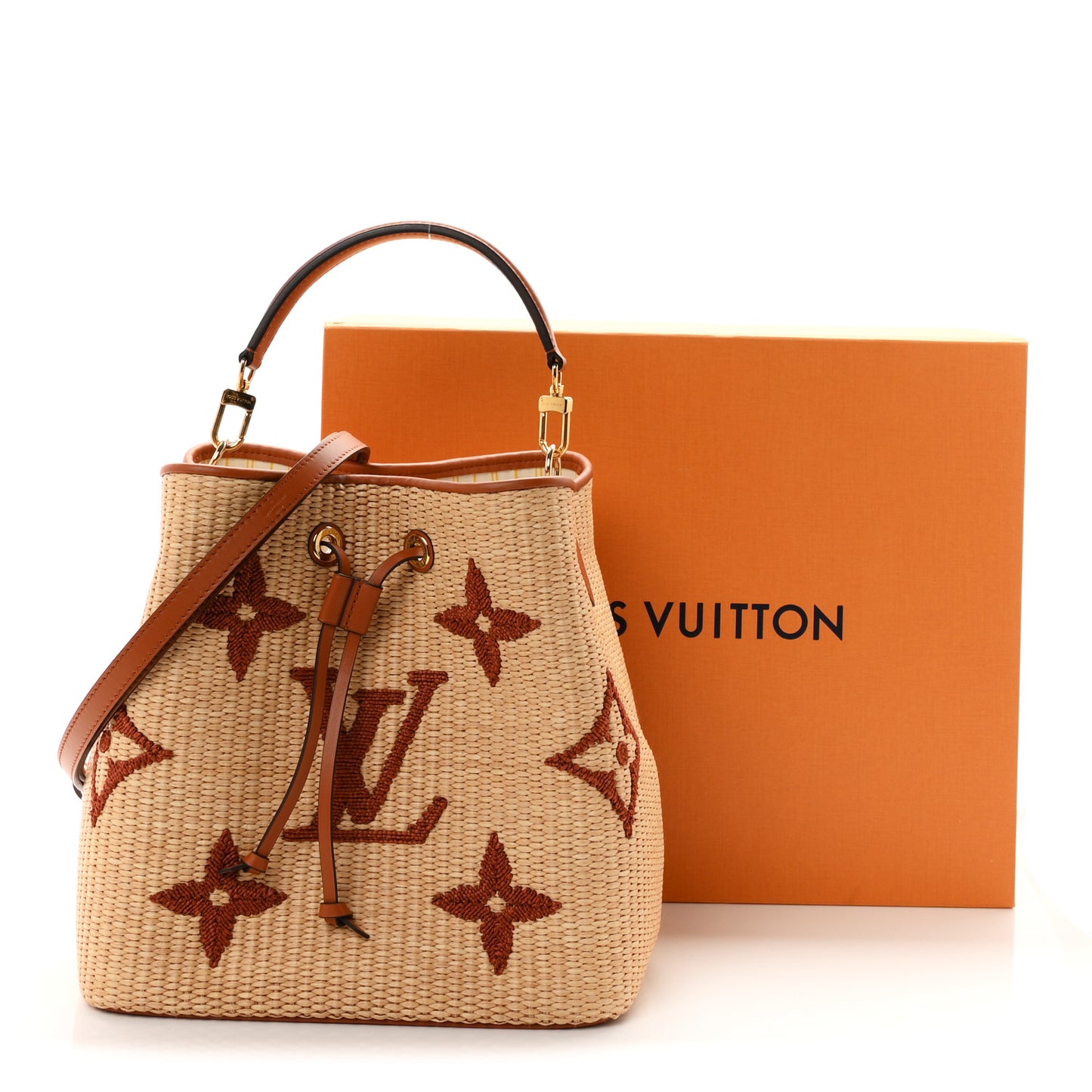 Raffia Calfskin Monogram Neonoe MM Tan