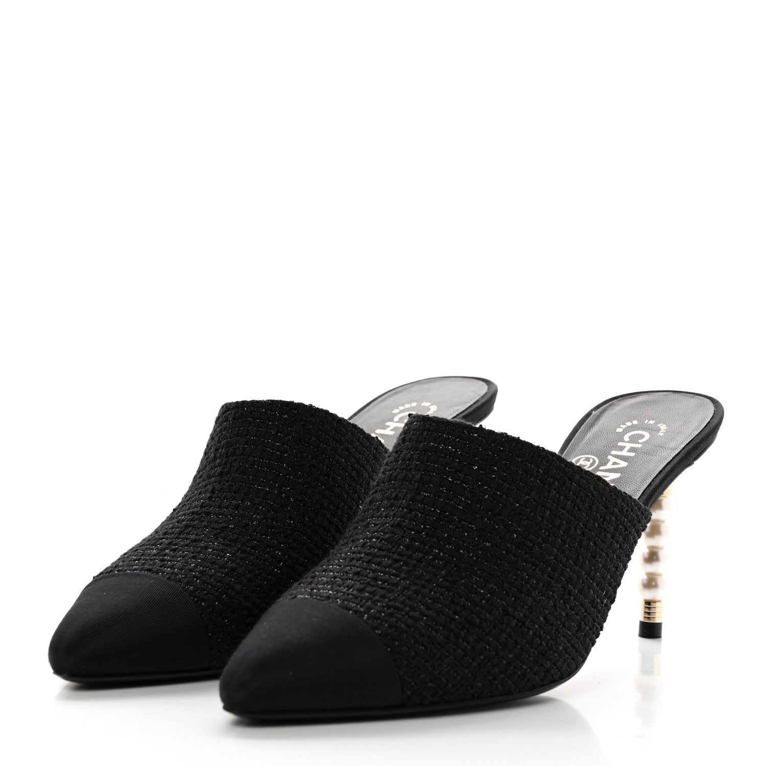 Chanel Tweed Grosgrain Cap Toe Pearl Mule 38.5 Black 3 of 11