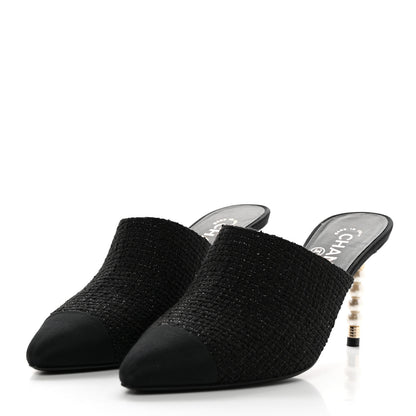Chanel Tweed Grosgrain Cap Toe Pearl Mule 38.5 Black 3 of 11